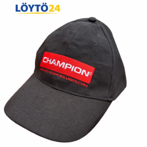 Uusi musta Champion Lubes lippis brodeeratulla punaisella logolla