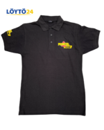 Uusi musta miesten poolopaita näyttävällä Pennzoil-brändäyksellä ja logoilla.
