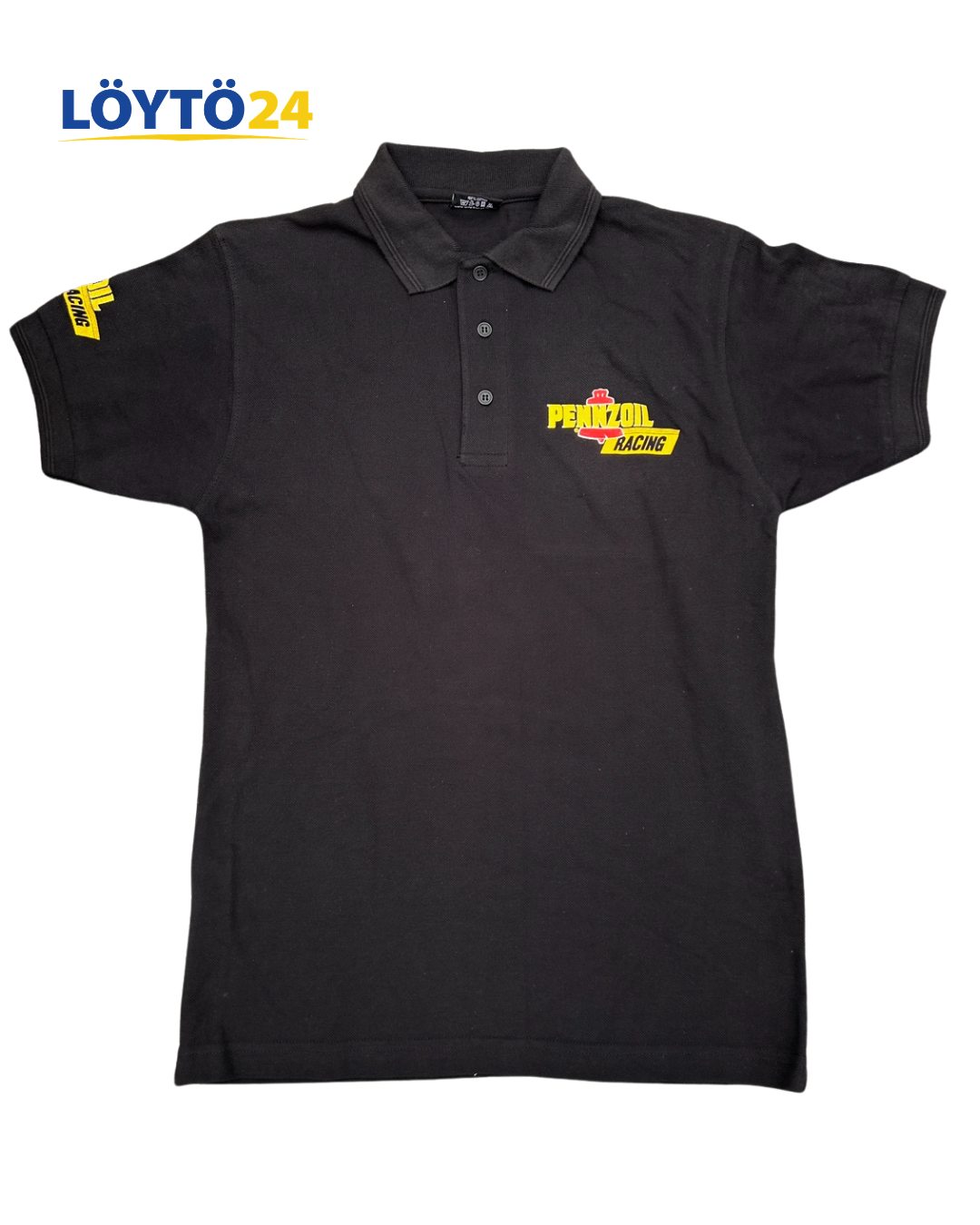 Miesten musta poolopaita Pennzoil-logolla Uusi musta miesten poolopaita näyttävällä Pennzoil-brändäyksellä ja logoilla.