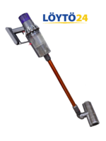 Käytetty Dyson Cyclone V10 varsi-imuri koottuna oranssilla varrella ja moottoroidulla suulakkeella.