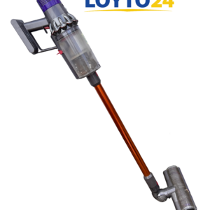 Käytetty Dyson Cyclone V10 varsi-imuri koottuna oranssilla varrella ja moottoroidulla suulakkeella.