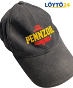 Musta vintage Pennzoil lippis keltaisella ja punaisella brodeerauksella kuvattuna yläviistosta