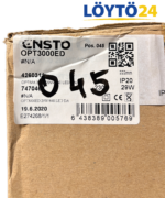 Ensto Optima OPT3000ED -alasvalon tuotepakkaus ja tuotetietotarra, jossa näkyvät mallimerkinnät ja tekniset tiedot.