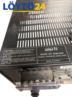 Inter-M PAM-360A Public Address Amplifier -malli- ja tyyppikilpi laitteen takapaneelissa.