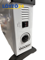 GooDIY-logo, termostaattisäädin ja virtakytkimet valkoisen siirrettävän lämmittimen päädyssä.