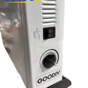 GooDIY-logo, termostaattisäädin ja virtakytkimet valkoisen siirrettävän lämmittimen päädyssä.