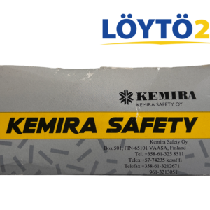 Kemira Safety -hiukkassuodattimen alkuperäinen pahvipakkaus, jossa lukee Kemira Safety Oy Vaasa Finland.