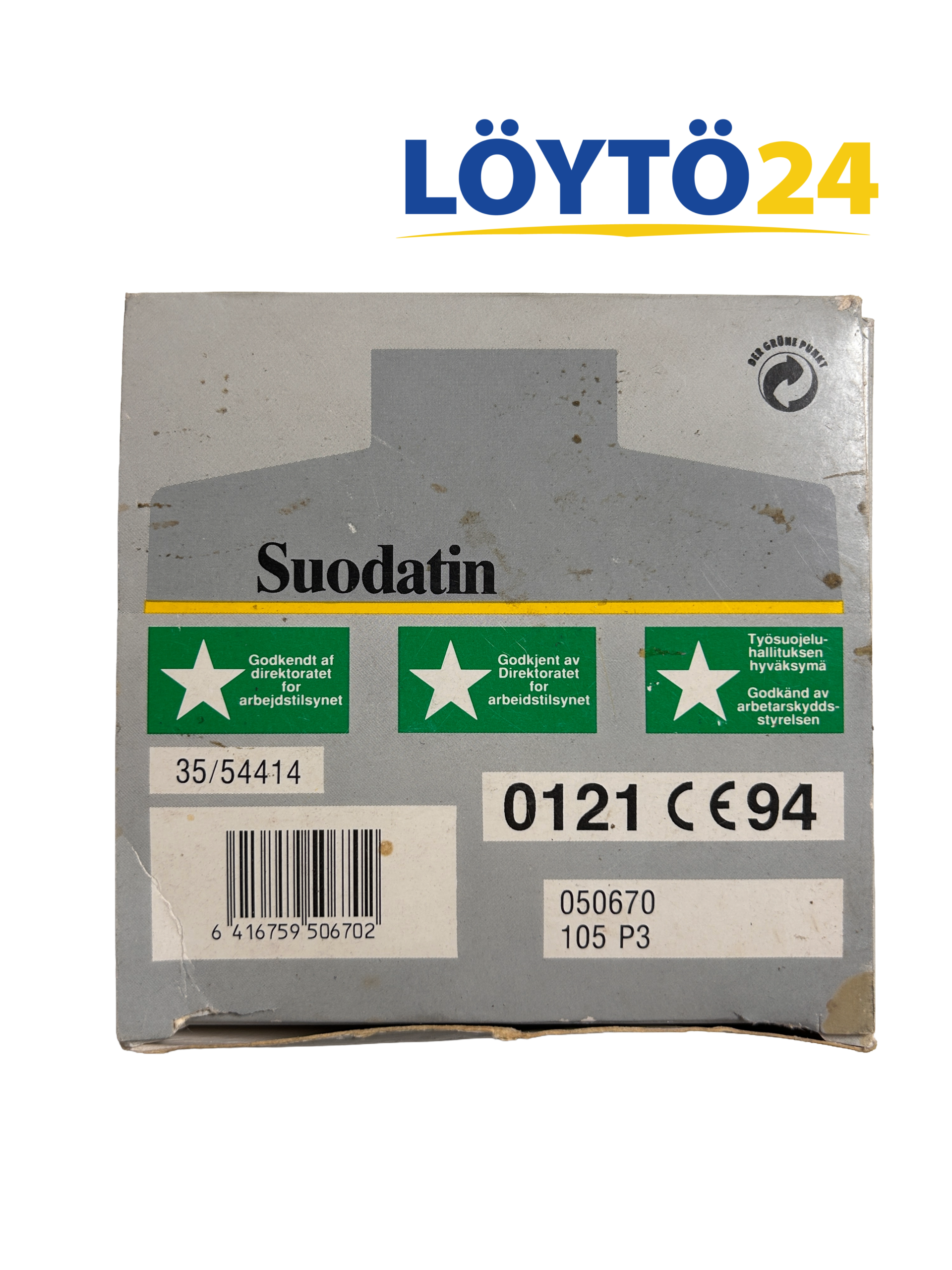 Untitled - 21. heinäkuuta 2026 klo 09.45.18 (28) Kemira Safety 105 P3 -suodattimen myyntipakkaus, jossa näkyvät EAN-koodi 6416759506702, tuotenumero 050670 ja Työsuojeluhallituksen hyväksyntä.