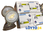 Lähikuva Philips CorePro GU10 LED-spotin linssipinnasta ja pakkauksista.