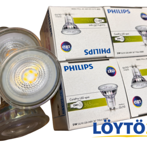 Lähikuva Philips CorePro GU10 LED-spotin linssipinnasta ja pakkauksista.