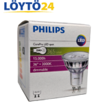 Philips CorePro LEDspot GU10 5W 3000K himmennettävä -tuotepakkaus selkeillä teknisillä tiedoilla.