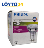 Philips CorePro LEDspot GU10 5W 3000K himmennettävä -tuotepakkaus selkeillä teknisillä tiedoilla.
