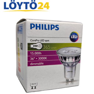 Philips CorePro LEDspot GU10 5W 3000K himmennettävä -tuotepakkaus selkeillä teknisillä tiedoilla.