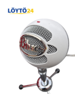 Valkoinen Blue Snowball USB-mikrofoni metallisella kolmijalalla ja siihen kytketty harmaa USB-kaapeli.