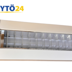 Valkoinen Glamox C10-P1 toimistovalaisin ja metallinen säleikkö