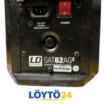 LD Systems SAT 62 A G2 virtakytkin, virtaliitäntä ja tuotetietotarra