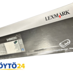 Mustan Lexmark 24B6020 värikasetin myyntipakkaus ja Lexmark logo