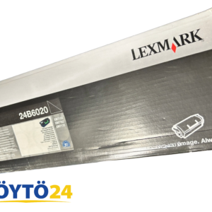 Mustan Lexmark 24B6020 värikasetin myyntipakkaus ja Lexmark logo