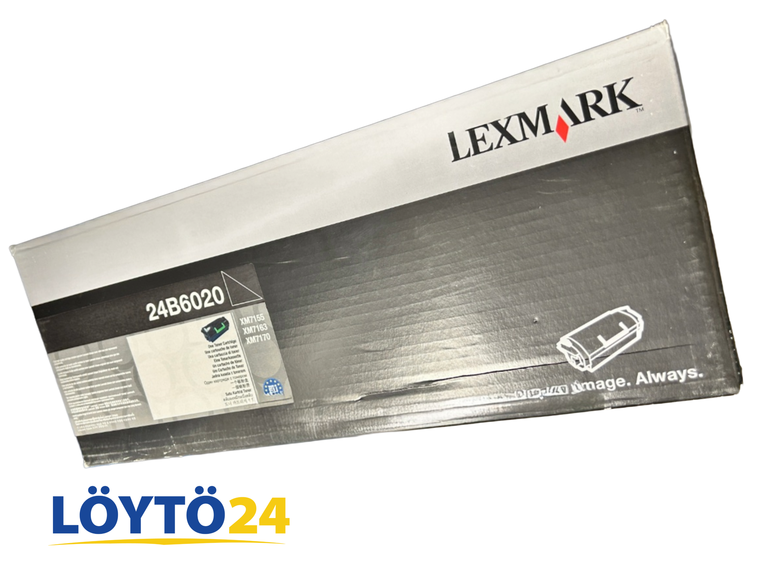 Untitled - 17. elokuuta 2026 klo 09.39.01 (10) Mustan Lexmark 24B6020 värikasetin myyntipakkaus ja Lexmark logo