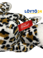 Punainen Hamleys-tuotelappu leopardipehmolelun kyljessä.