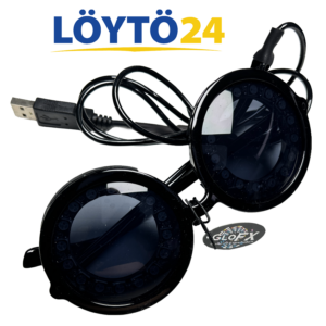 Pyöreät mustat GloFX Pixel Pro LED -lasit USB-johdolla.