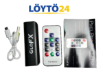 Pixel Pro -lasien lisävarusteet: USB-kaapeli, akkuyksikkö, RF-kaukosäädin ja ohjelehtinen.