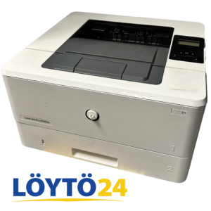 HP LaserJet Pro M404n -mustavalkolasertulostin viistosta edestä
