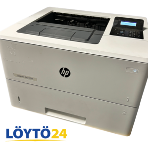HP LaserJet Pro M501dn -mustavalkolasertulostin kuvattuna viistosta edestä.