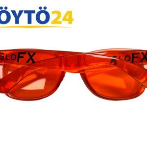 GloFX-reivilasit oransseilla linsseillä takaa päin katsottuna, sangoissa musta logo.