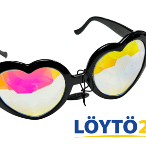 Mustakehyksiset GloFX-sydänlasit aidolla kristallilinssillä viistosta kuvattuna.