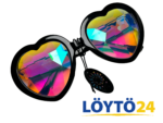 Sydämenmuotoiset GloFX Heart Kaleidoscope Glasses -lasit ja värikkäät sateenkaarikristallit.