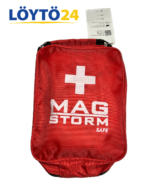 Punainen Mag-Storm Safe -ensiapulaukku valkoisella ristilogolla.