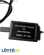 Musta DT-100U USB Cash Drawer Trigger -ohjainyksikkö kaapeleineen.