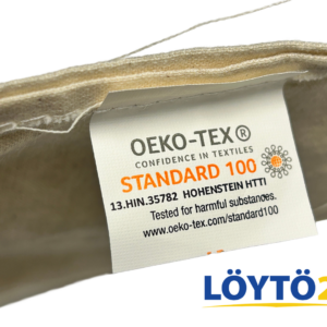Kangaspussin sisäpuolen OEKO-TEX Standard 100 -sertifikaattilappu