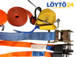 Keltaiset, siniset ja oranssit kuormaliinat sekä metalliset kiristysräikät lajiteltuna.